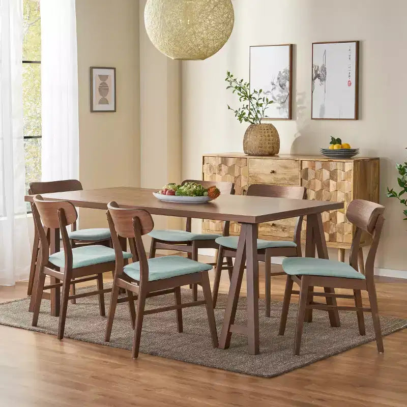 Set da pranzo 7 pezzi imbottito grigio, 6 posti, stile metà secolo