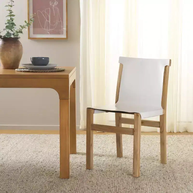 Sedia da pranzo senza braccioli in pelle bianca/color cognac – Struttura in teak, 1 posto