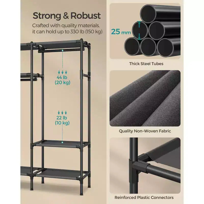 Stand appendiabiti portatile nero in inchiostro con ripiani e binari – 1 persona