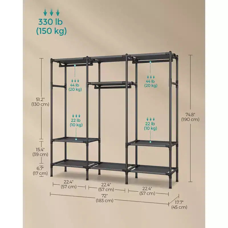 Stand appendiabiti portatile nero in inchiostro con ripiani e binari – 1 persona