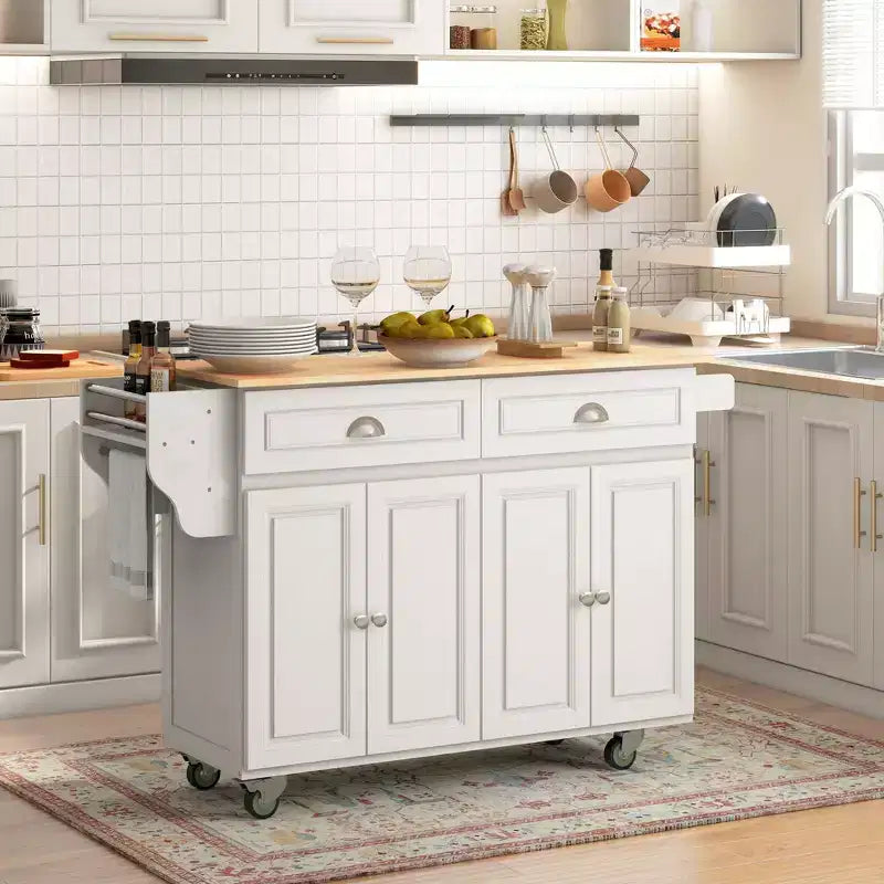 Isola per Cucina Bianca Rotante con Piano Ribaltabile, 4 Ripiani, 2 Cassetti e Portaspezie – Per 2