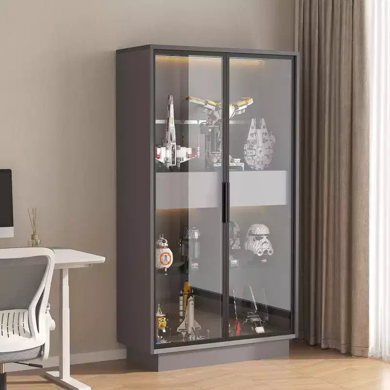 Vetrina espositiva con ante in vetro bianco, 2 cassetti, illuminazione a LED, montaggio a 1 persona