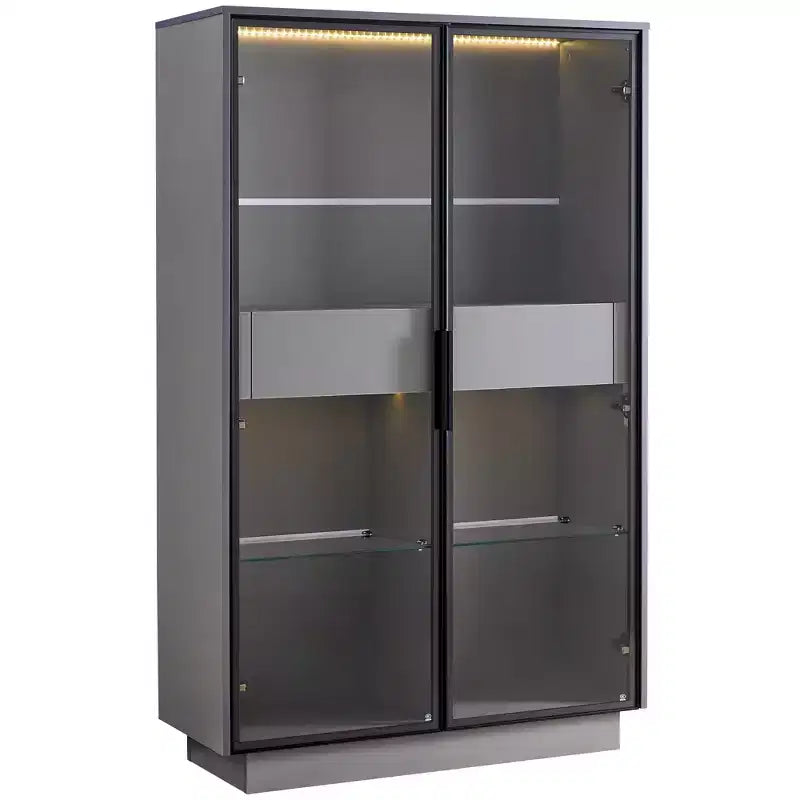 Vetrina espositiva con ante in vetro bianco, 2 cassetti, illuminazione a LED, montaggio a 1 persona