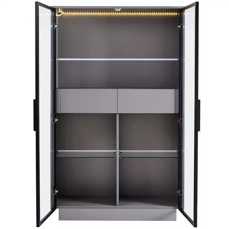 Vetrina espositiva con ante in vetro bianco, 2 cassetti, illuminazione a LED, montaggio a 1 persona