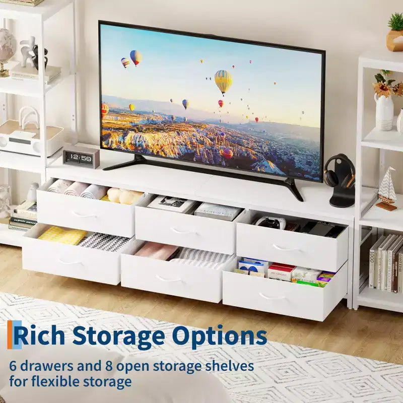 Mobile TV nero per TV fino a 75", stile moderno, con luci LED, prese di corrente e 6 cassetti