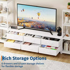 Mobile TV nero per TV fino a 75", stile moderno, con luci LED, prese di corrente e 6 cassetti