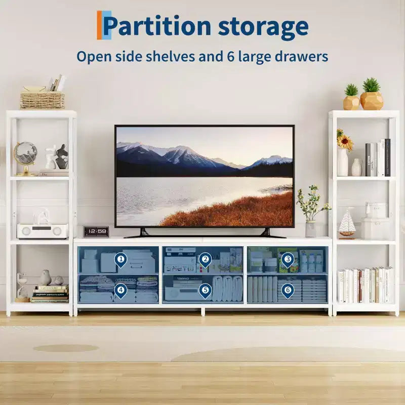 Mobile TV nero per TV fino a 75", stile moderno, con luci LED, prese di corrente e 6 cassetti