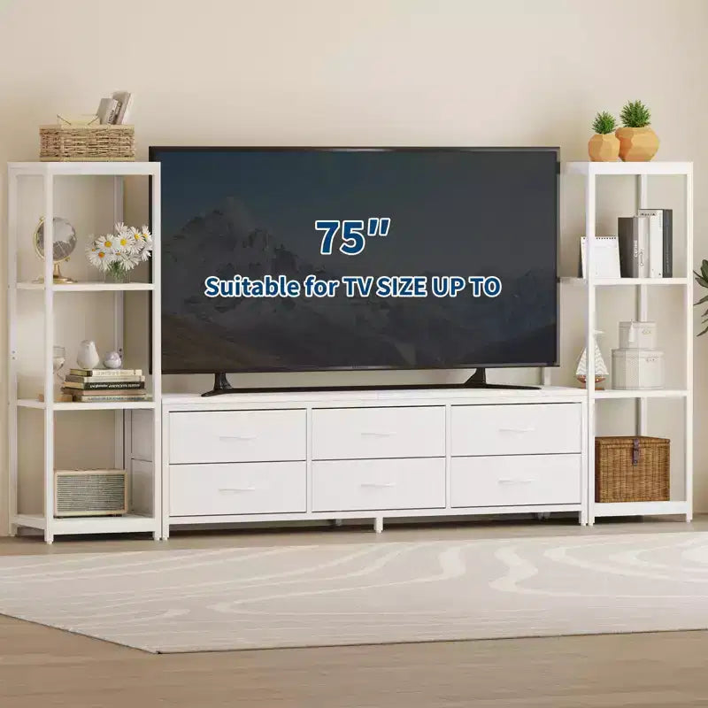 Mobile TV nero per TV fino a 75", stile moderno, con luci LED, prese di corrente e 6 cassetti