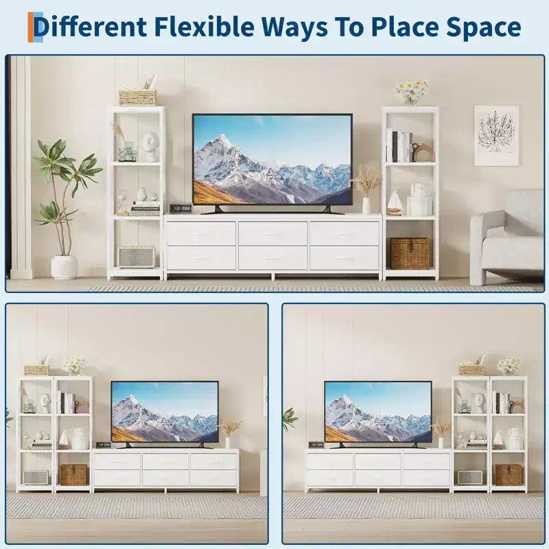 Mobile TV nero per TV fino a 75", stile moderno, con luci LED, prese di corrente e 6 cassetti