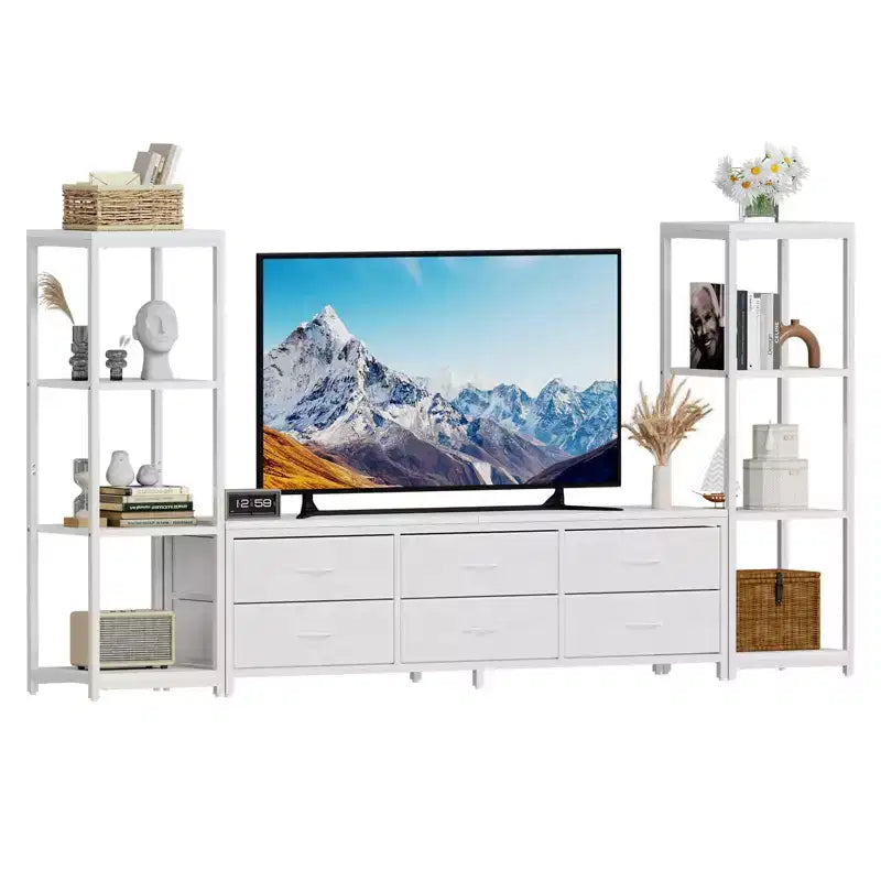 Mobile TV nero per TV fino a 75", stile moderno, con luci LED, prese di corrente e 6 cassetti