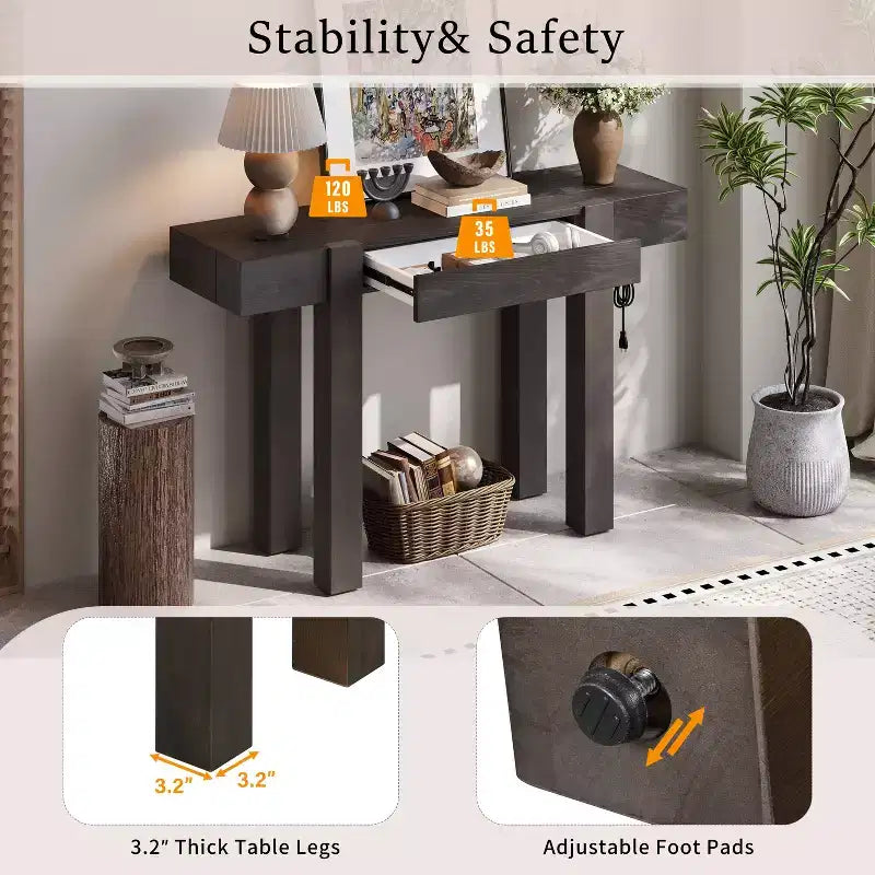 Tavolo consolle da 47" con cassetto e porte USB – Nero / Espresso / Naturale, 1 pezzo