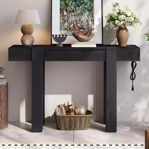 GDFStudio Sam 47.25 Rustic Minimalist Console Table with Hidden Drawer and Side Power Outlet