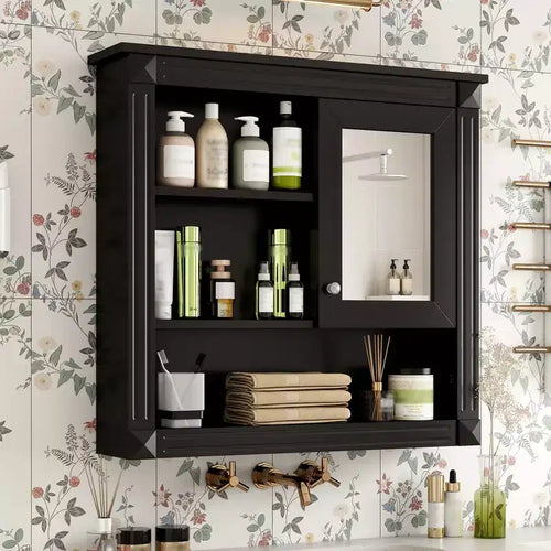 Pensile a Specchio 32" con 5 Ripiani e 1 Anta – Nero / Bianco
