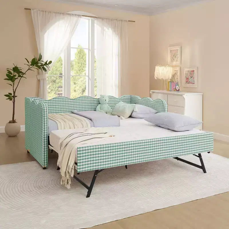 Divano letto singolo imbottito nero / ciano / verde con letto estraibile e testiera ondulata – Per 1-2 persone