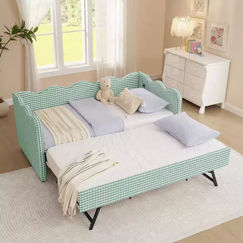 Divano letto singolo imbottito nero / ciano / verde con letto estraibile e testiera ondulata – Per 1-2 persone