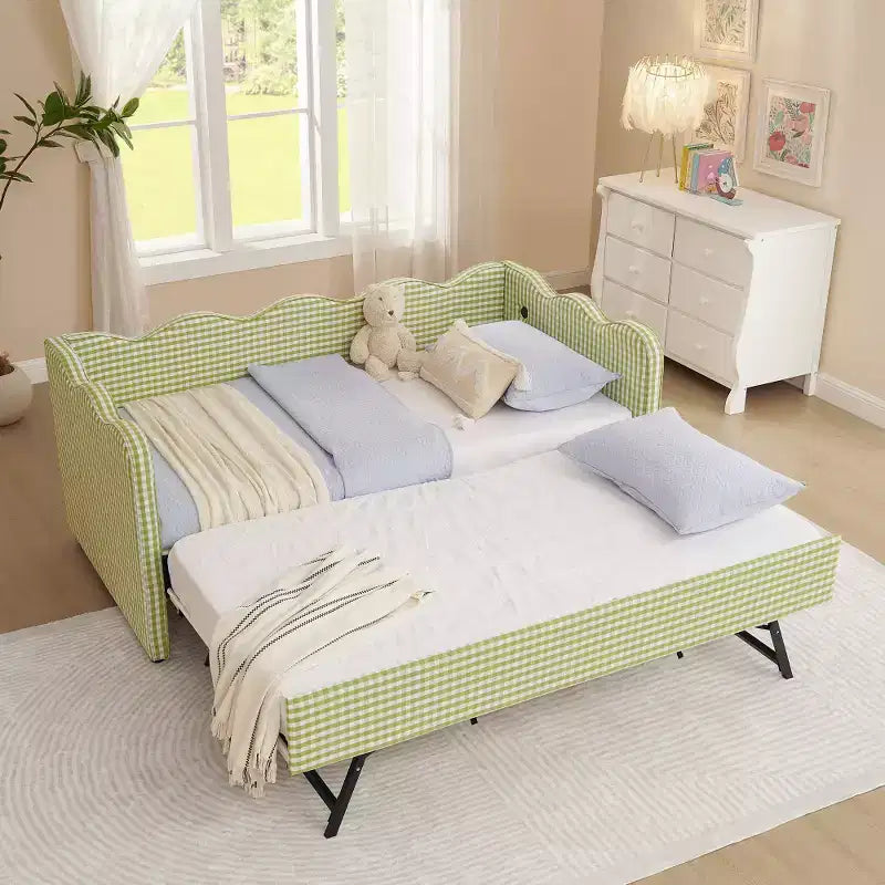 Divano letto singolo imbottito nero / ciano / verde con letto estraibile e testiera ondulata – Per 1-2 persone