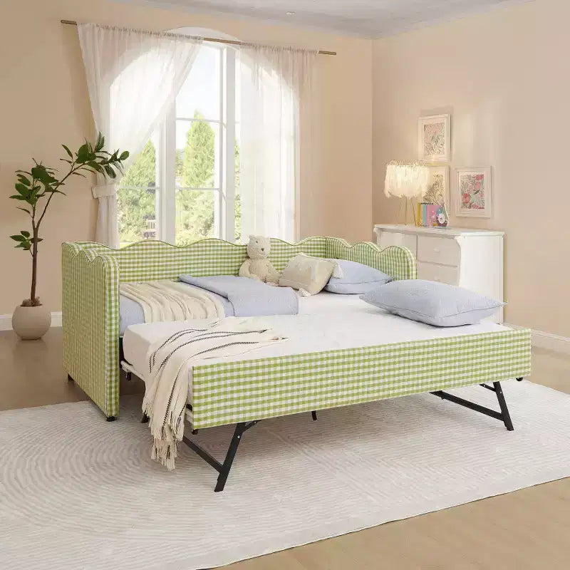 Divano letto singolo imbottito nero / ciano / verde con letto estraibile e testiera ondulata – Per 1-2 persone