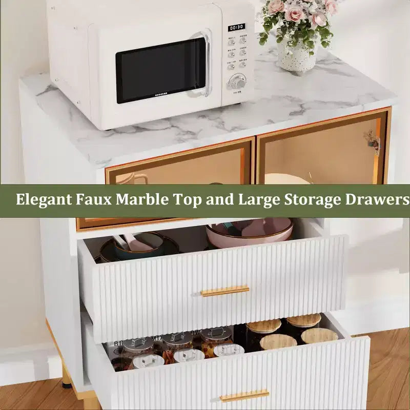 Credenza per Madia in Vetro Scanalato Bianco e Nero con 2 Cassetti e Ripiani Regolabili
