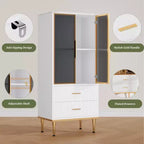 Credenza per Madia in Vetro Scanalato Bianco e Nero con 2 Cassetti e Ripiani Regolabili