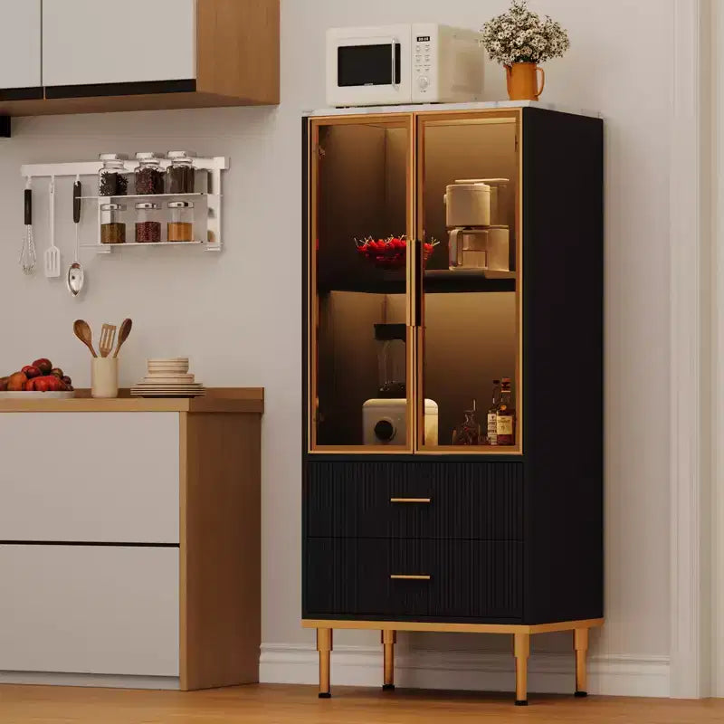 Credenza per Madia in Vetro Scanalato Bianco e Nero con 2 Cassetti e Ripiani Regolabili
