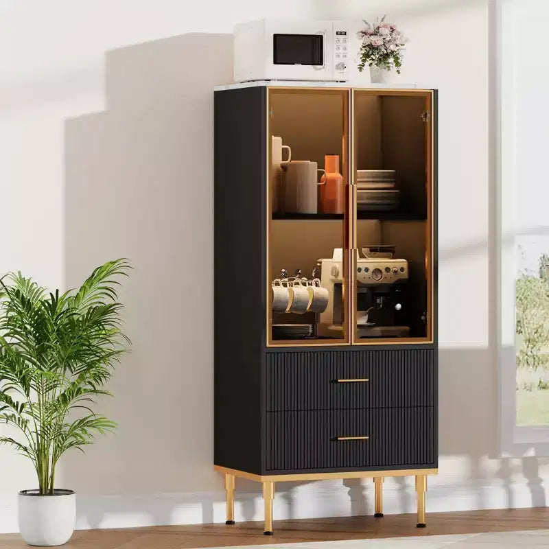 Credenza per Madia in Vetro Scanalato Bianco e Nero con 2 Cassetti e Ripiani Regolabili