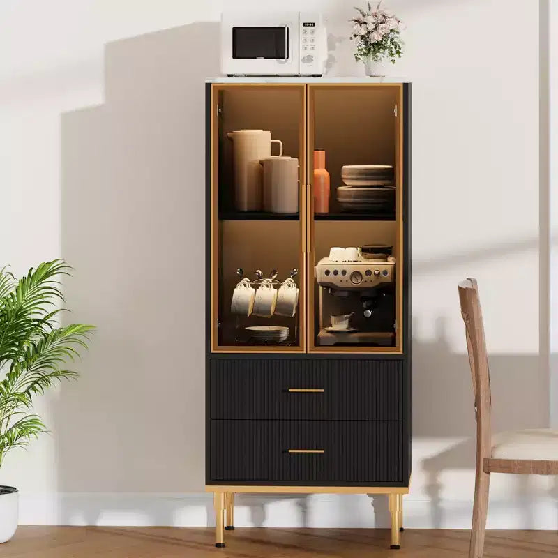 Credenza per Madia in Vetro Scanalato Bianco e Nero con 2 Cassetti e Ripiani Regolabili
