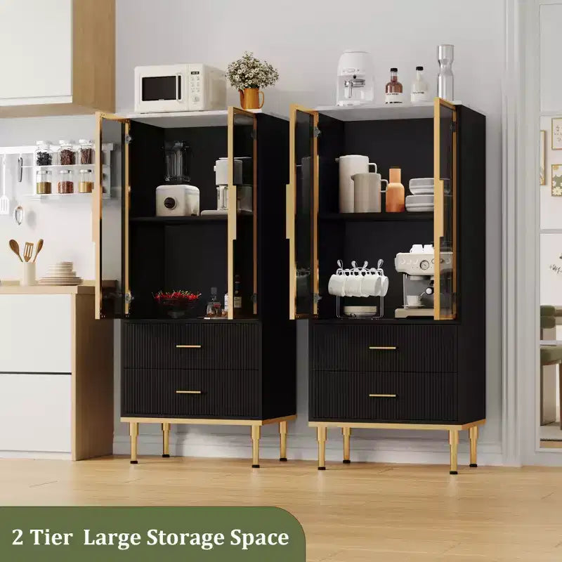 Credenza per Madia in Vetro Scanalato Bianco e Nero con 2 Cassetti e Ripiani Regolabili