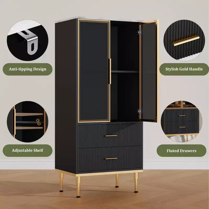 Credenza per Madia in Vetro Scanalato Bianco e Nero con 2 Cassetti e Ripiani Regolabili