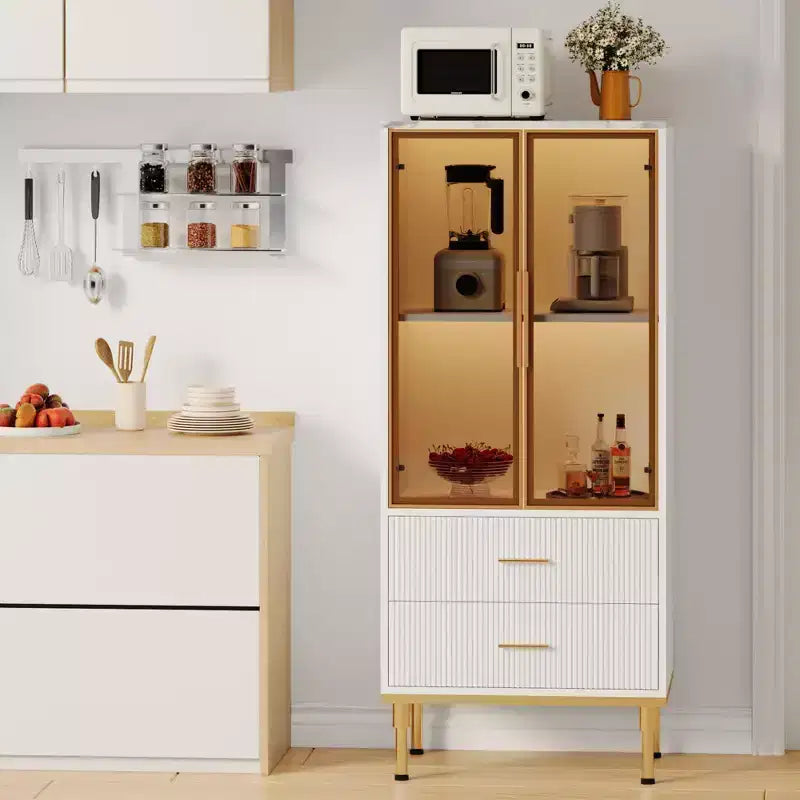 Credenza per Madia in Vetro Scanalato Bianco e Nero con 2 Cassetti e Ripiani Regolabili