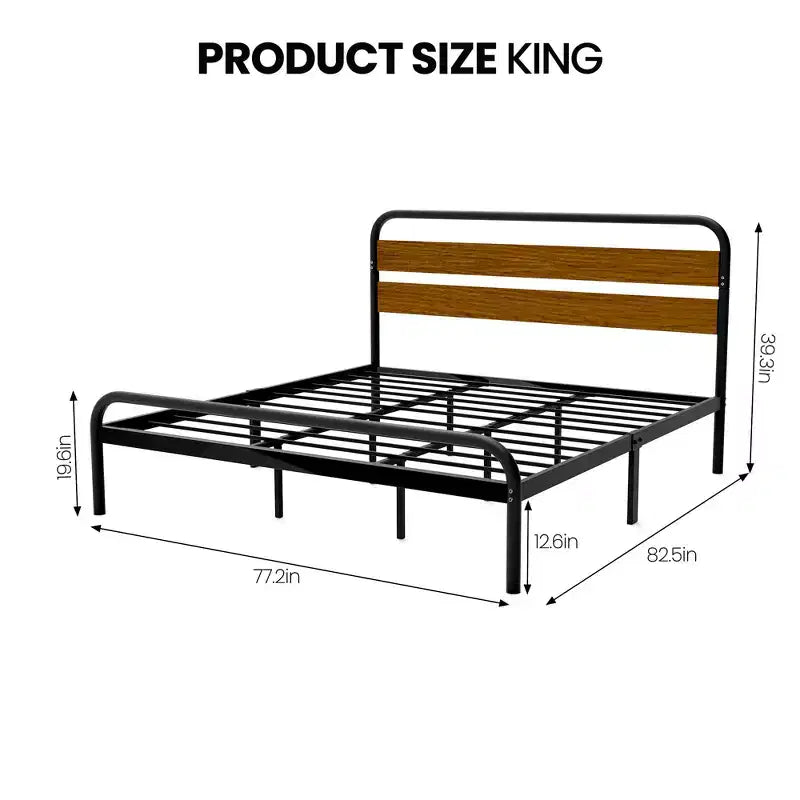 Struttura Letto Matrimoniale King Size, Testiera in Metallo Nero e Legno, Stile a Piattaforma, 1 Persona