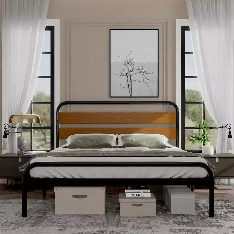 Struttura Letto Matrimoniale King Size, Testiera in Metallo Nero e Legno, Stile a Piattaforma, 1 Persona