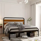 Struttura Letto Matrimoniale King Size, Testiera in Metallo Nero e Legno, Stile a Piattaforma, 1 Persona