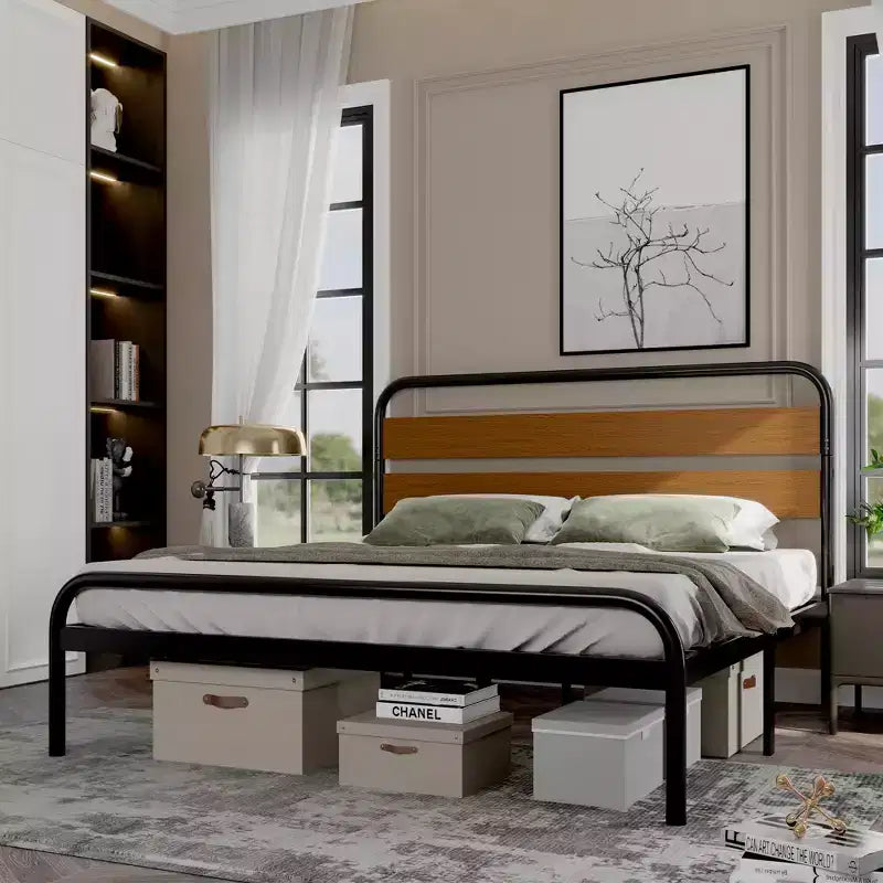 Struttura Letto Matrimoniale King Size, Testiera in Metallo Nero e Legno, Stile a Piattaforma, 1 Persona