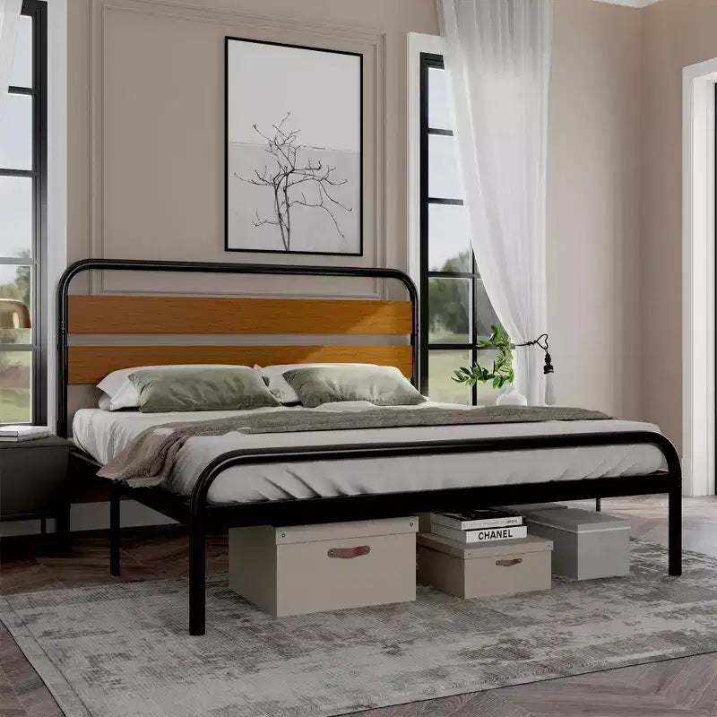 Struttura Letto Matrimoniale King Size, Testiera in Metallo Nero e Legno, Stile a Piattaforma, 1 Persona