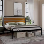 Struttura Letto Matrimoniale King Size, Testiera in Metallo Nero e Legno, Stile a Piattaforma, 1 Persona