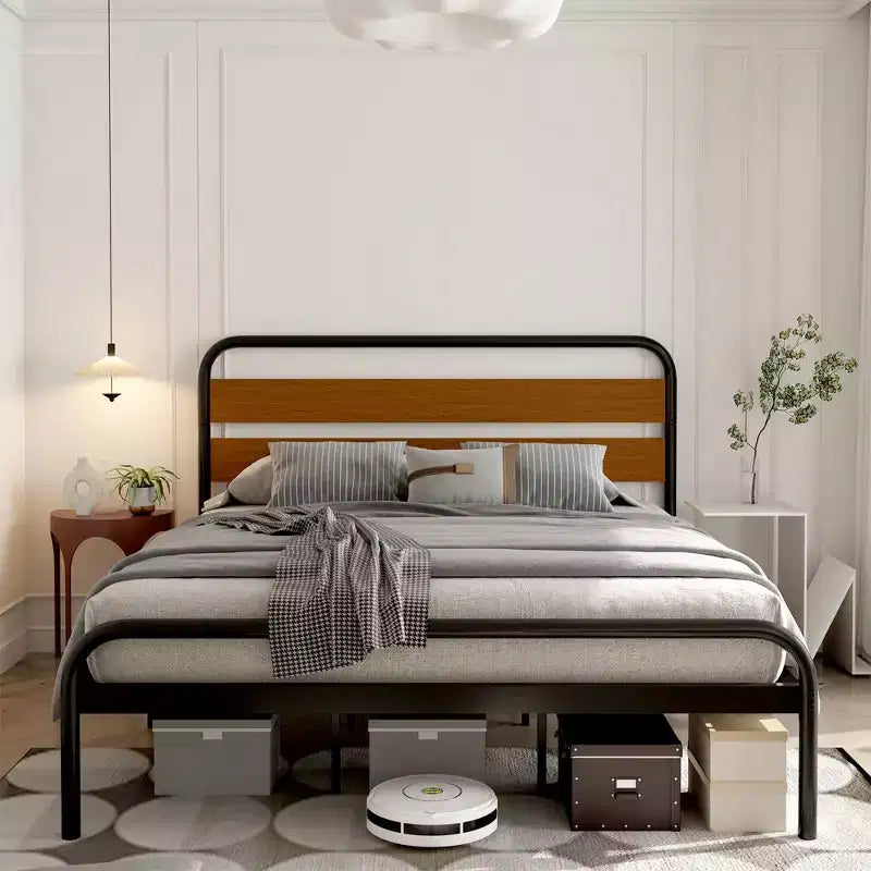 Struttura Letto Matrimoniale King Size, Testiera in Metallo Nero e Legno, Stile a Piattaforma, 1 Persona