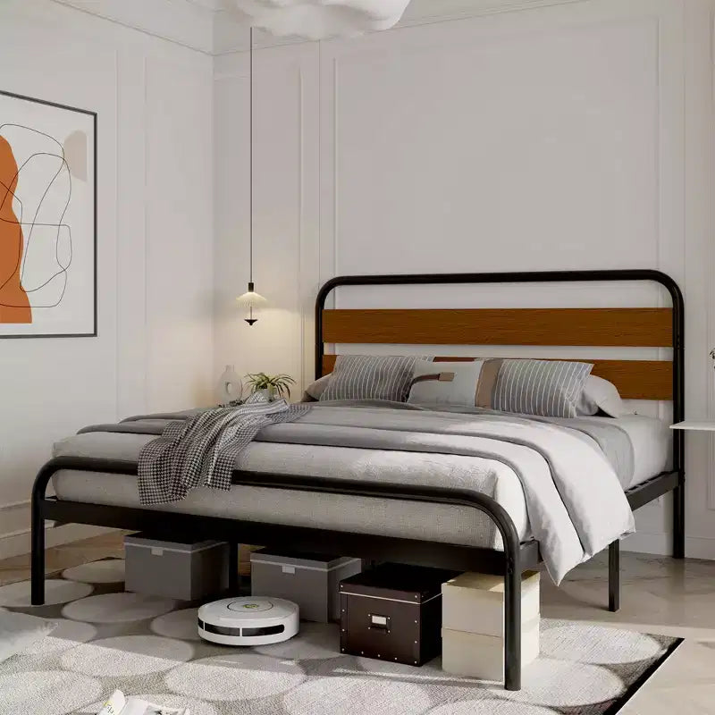Struttura Letto Matrimoniale King Size, Testiera in Metallo Nero e Legno, Stile a Piattaforma, 1 Persona