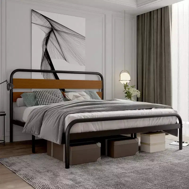 Struttura Letto Matrimoniale King Size, Testiera in Metallo Nero e Legno, Stile a Piattaforma, 1 Persona