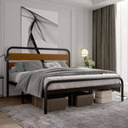 Struttura Letto Matrimoniale King Size, Testiera in Metallo Nero e Legno, Stile a Piattaforma, 1 Persona