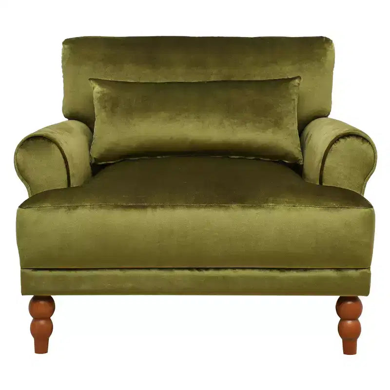 Poltrona ampia beige/verde/bianca con braccioli rotondi e cuscino lombare – 1 posto