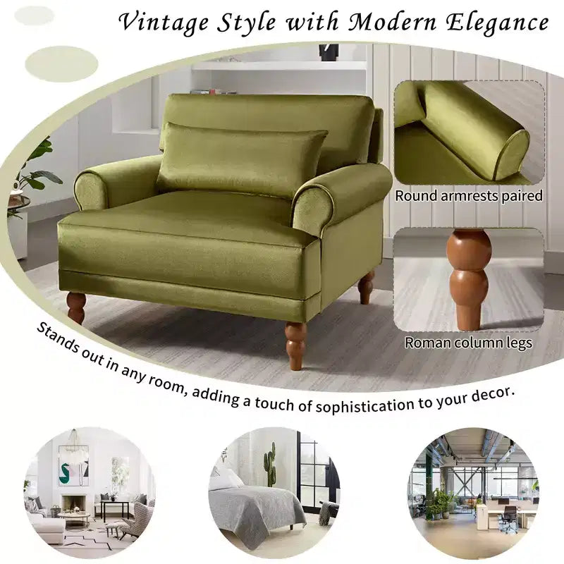 Poltrona ampia beige/verde/bianca con braccioli rotondi e cuscino lombare – 1 posto
