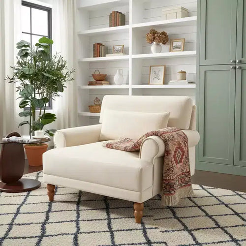 Poltrona ampia beige/verde/bianca con braccioli rotondi e cuscino lombare – 1 posto