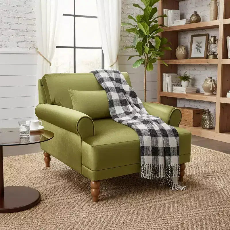 Poltrona ampia beige/verde/bianca con braccioli rotondi e cuscino lombare – 1 posto
