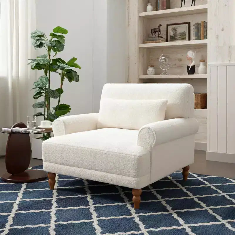 Poltrona ampia beige/verde/bianca con braccioli rotondi e cuscino lombare – 1 posto