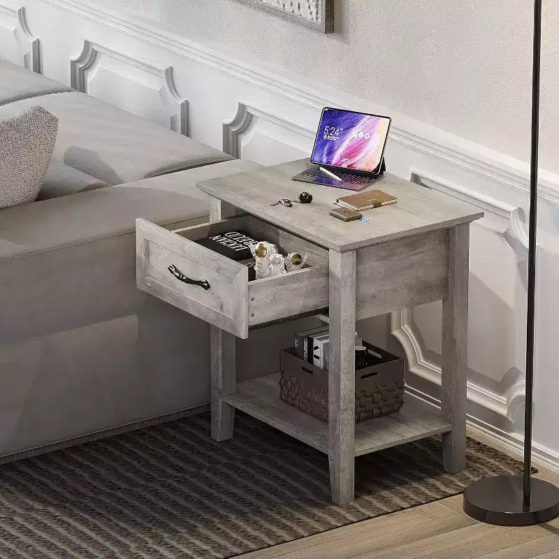 Comodino industriale grigio/bianco con cassetto e ripiano, 1 pezzo/2 pezzi