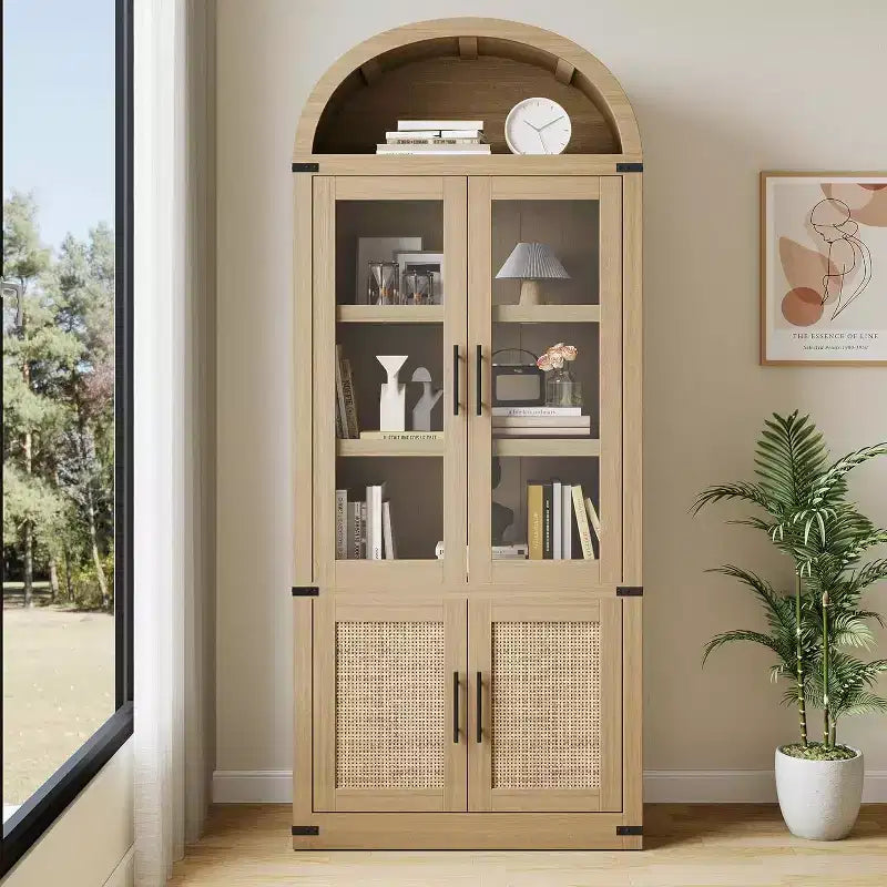 Marrone/Naturale/Nero/Bianco, Anta in Vetro, Libreria ad Arco a 6 Ripiani, Montaggio da 1 Persona