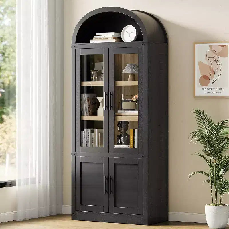 Marrone/Naturale/Nero/Bianco, Anta in Vetro, Libreria ad Arco a 6 Ripiani, Montaggio da 1 Persona