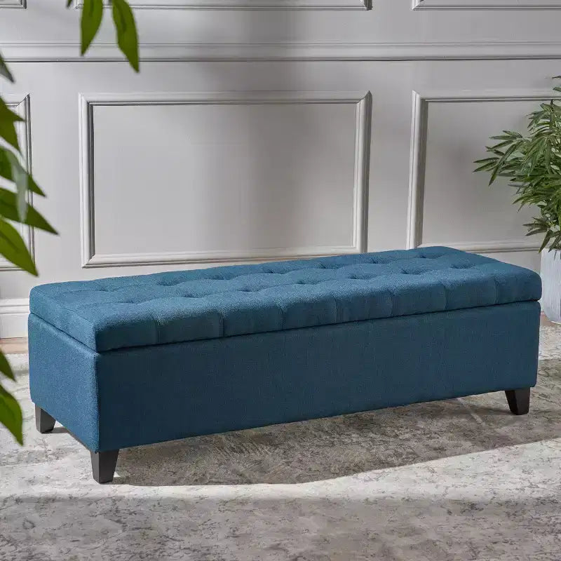 Panca Pouf Contenitore Trapuntata Blu Navy, 1 Posto, Gambe in Legno