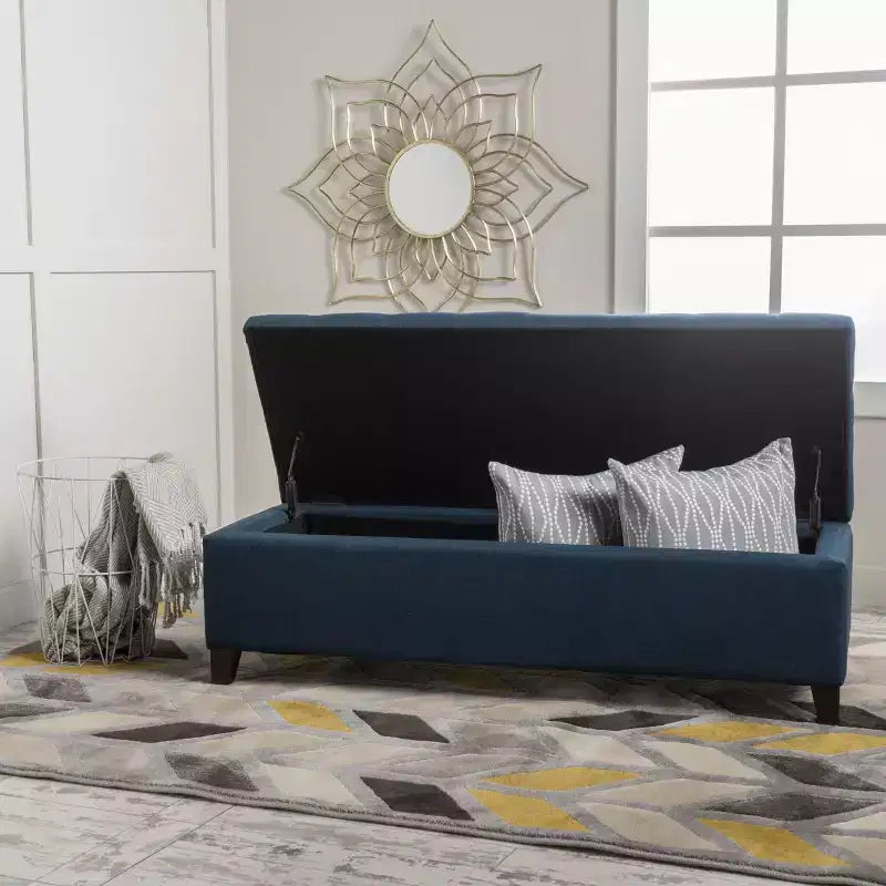 Panca Pouf Contenitore Trapuntata Blu Navy, 1 Posto, Gambe in Legno