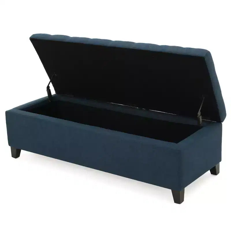 Panca Pouf Contenitore Trapuntata Blu Navy, 1 Posto, Gambe in Legno